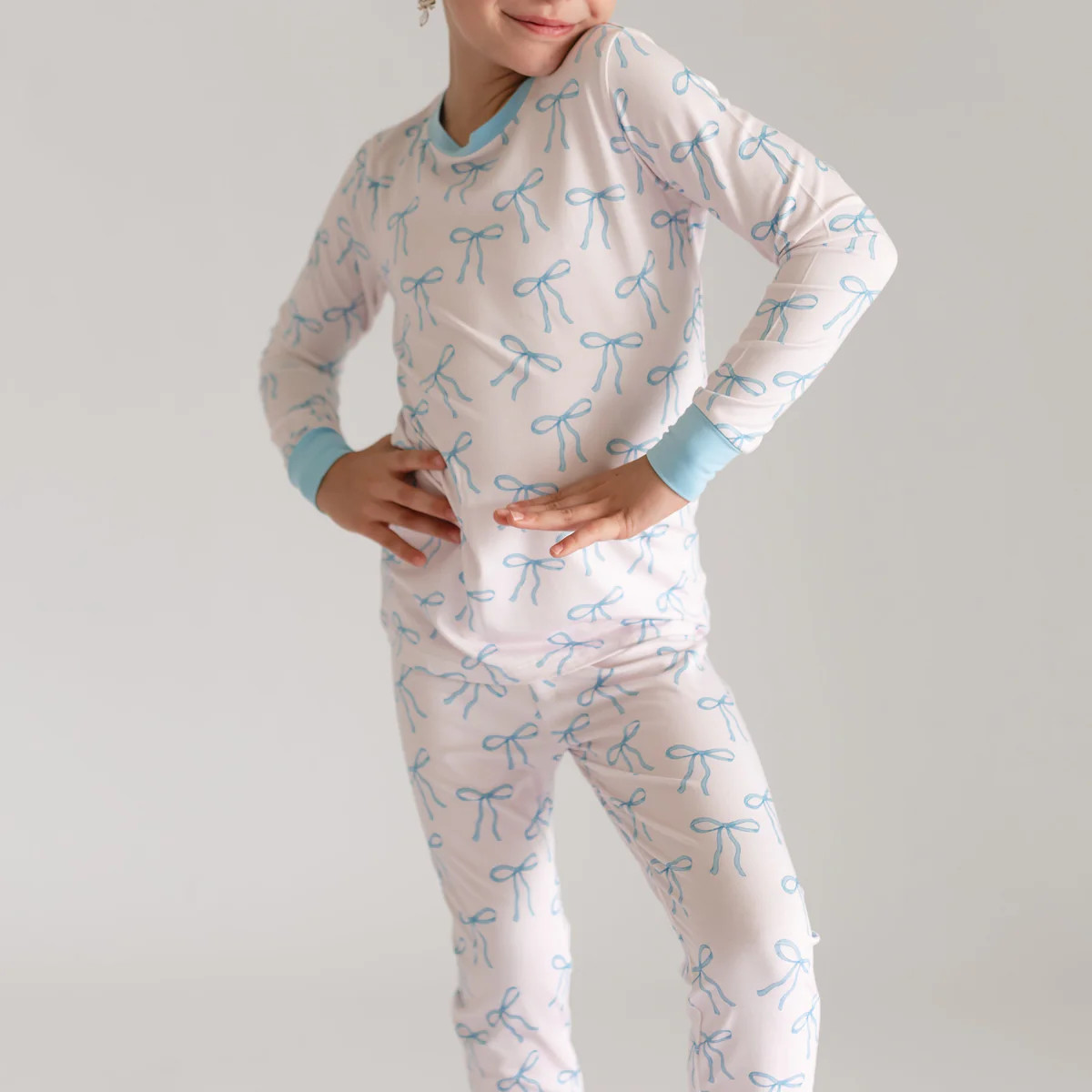 Youth Pajama Set in Blue Bows | Silks Design