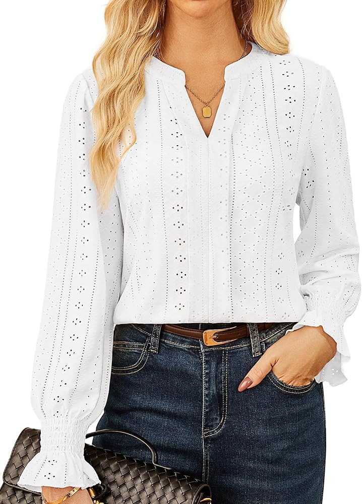 GRACE KARIN Women's Long Sleeve Shirts 2025 V Neck Dressy Casual Eyelet Tops Fall Lace Embroidere... | Amazon (US)