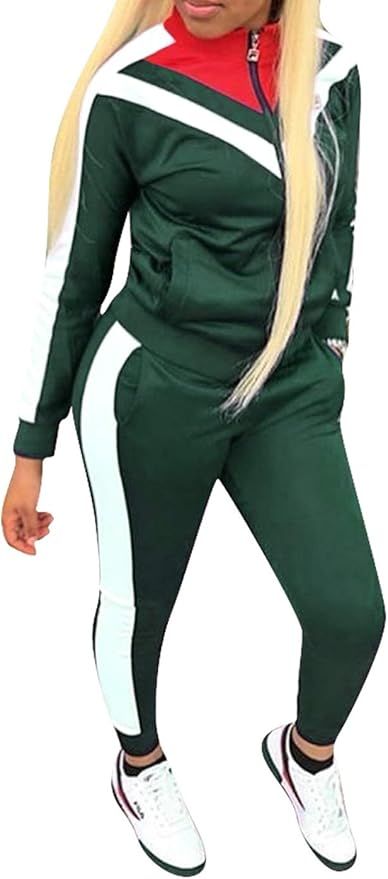 Womens Color Block Tracksuit 2 Piece Outfits, Casual Long Sleeve Full Zip Jacket and Pants Sport ... | Amazon (US)