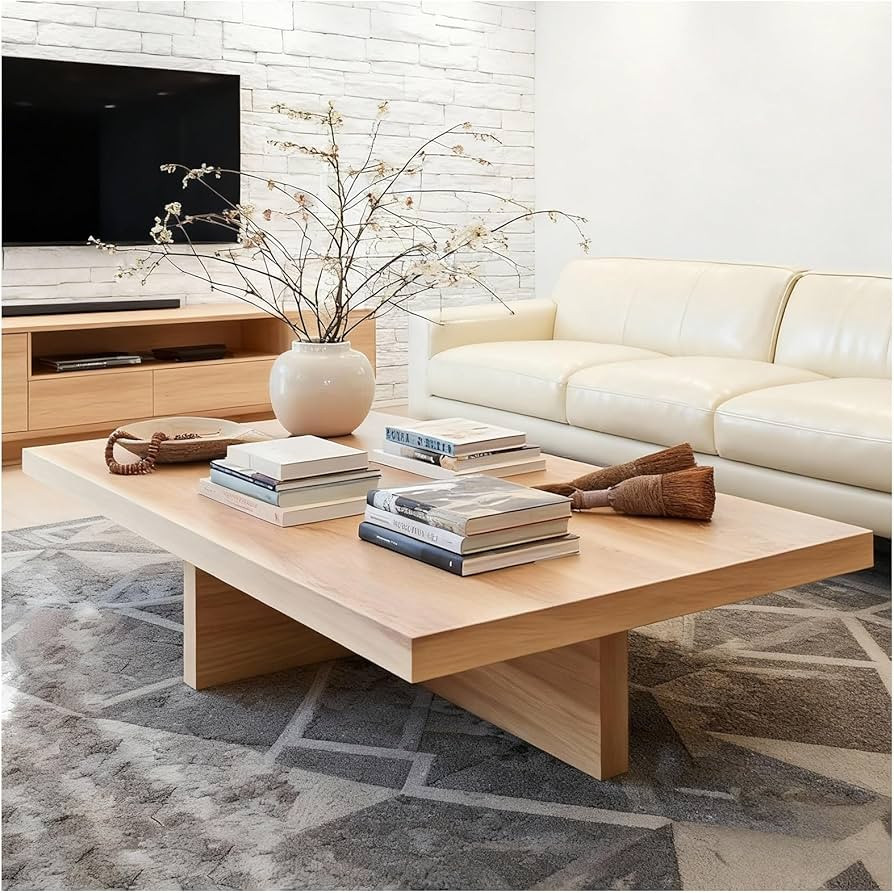 Pine Wood Rectangular Center Table, Modern Farmhouse Coffee Table with 2 Inch Thick Tabletop, Nat... | Amazon (US)