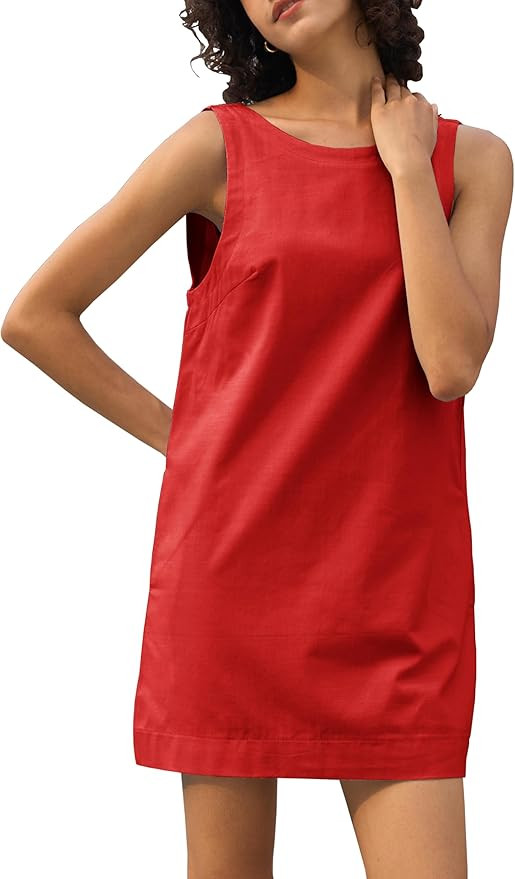 Womens Summer Crew Neck Sleeveless Open Back Dress Casual Beach Sunshine Cotton Linen Mini Dress | Amazon (US)