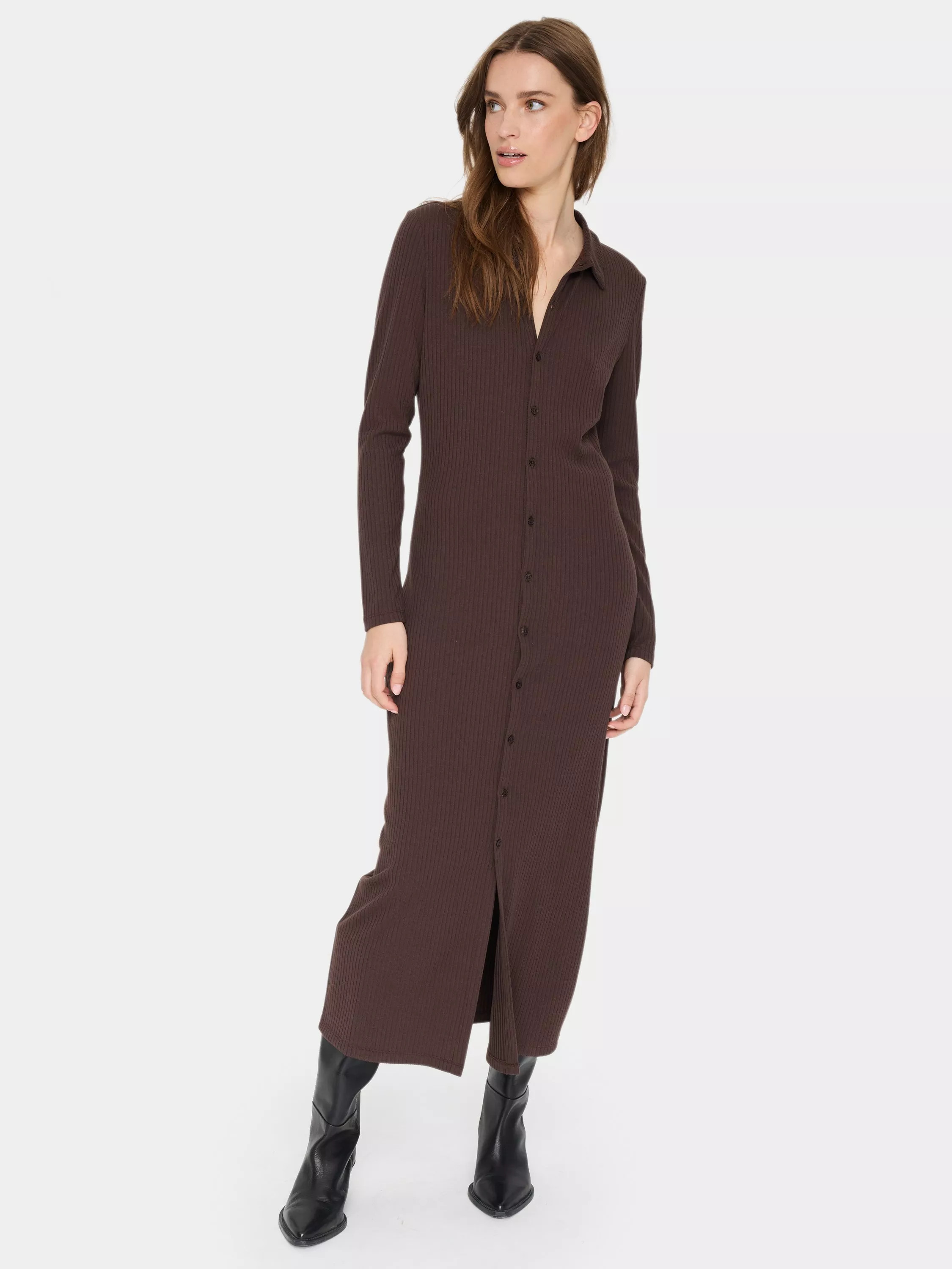 Saint TropezGoda Rib Knit Shirt Dress, Dark Oak | John Lewis (UK)