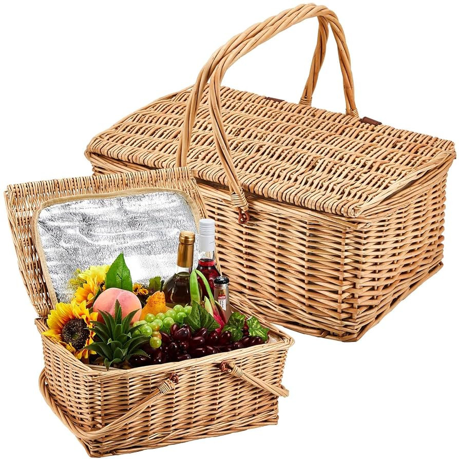 Sintuff 2 Pcs Wicker Picnic Basket with Insulated Cooler Bag Lids Vintage Picnic Hamper with Fold... | Amazon (US)