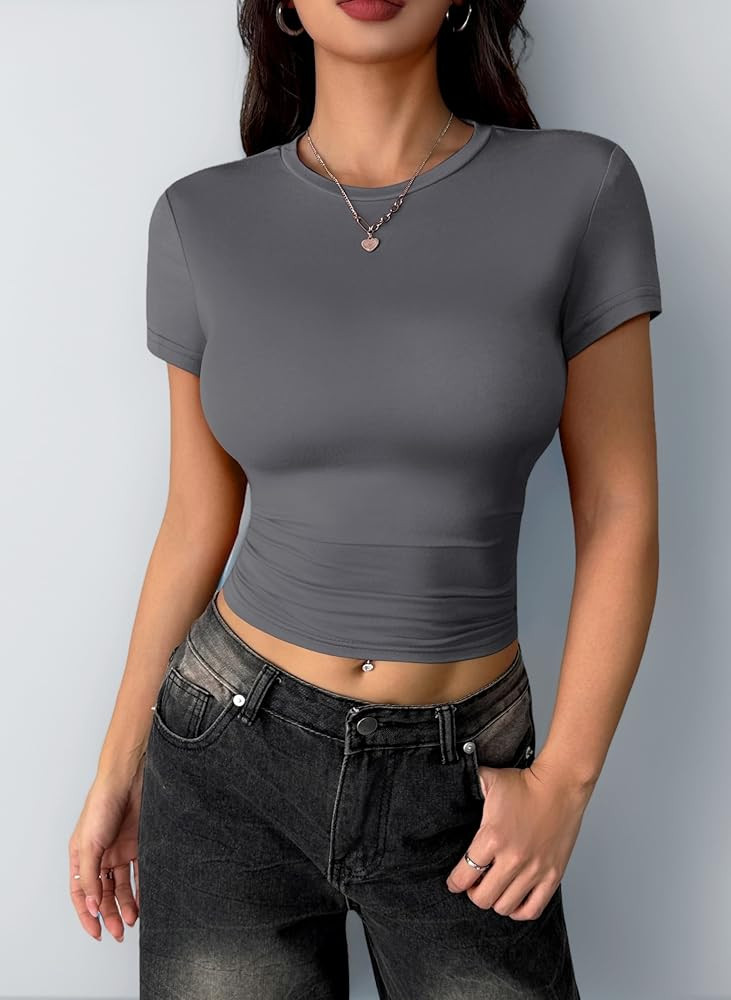 Zeagoo Women's Tight Top Short Sleeve Crop Tops Crew Neck Basic Solid T Shirt Stretch Fitted Tshi... | Amazon (UK)