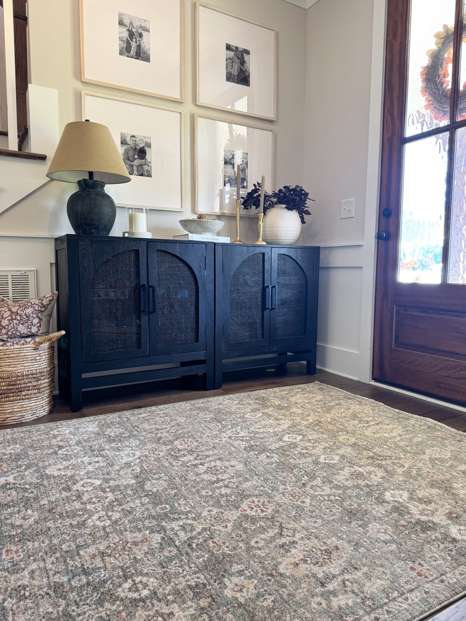 Entryway rug, transitional rug, entryway ideas, entryway console, modern rugs, modern vintage rug, vintage rug, soft rug, entryway decor, console decor 

#LTKHome