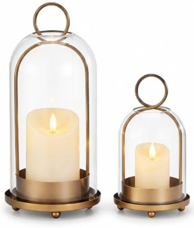 Brass Candle Holder Set of 2, Hurricane Glass Candle Holders with Flameless Candles, Glass Dome C... | Amazon (US)