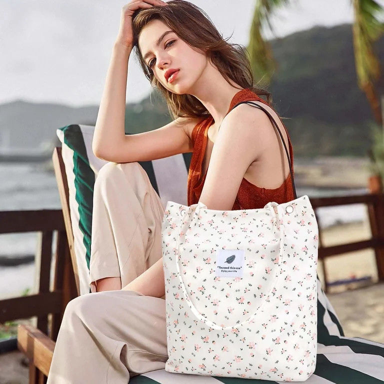 Ayieyill Corduroy Tote Bag for Women Girl Canvas Shoulder Cord Purse with Inner Pocket (Floral) | Walmart (US)