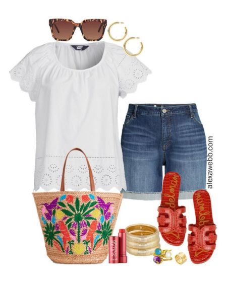 Plus Size Easy Summer Outfit - A plus size casual outfit idea with an eyelet top, cut off denim shorts, straw tote bag, and red orange slide sandals. Alexa Webb #plussize

#LTKSeasonal #LTKPlusSize #LTKStyleTip