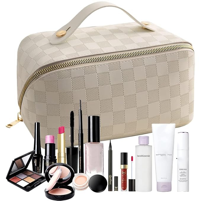 Brown Large Capacity Travel Cosmetic Bag Plaid Checkered Makeup Bag PU Leather Waterproof Skincar... | Amazon (US)