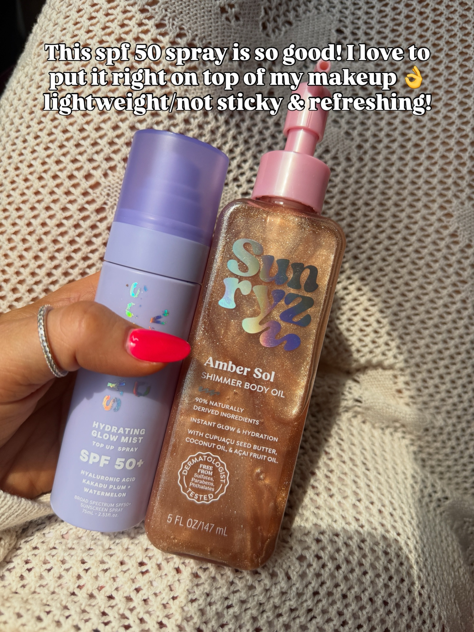 2 of my summer favs! The shimmery oil is clean/safe in this shade 👏 ☀️ and the top up spray is spf 50 and super refreshing! I use it right over makeup all the time too!

#LTKSwim #LTKTravel #LTKBeauty