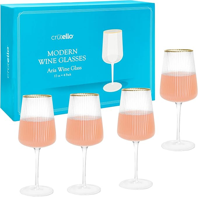 Crutello Modern Wine Glasses - 17 oz Unique Fluted Set of 4 | Vintage Ribbed Glassware Texture | ... | Amazon (US)