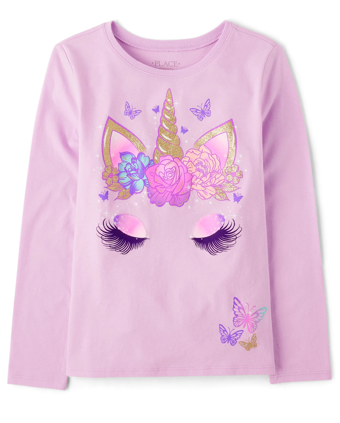 Girls Long Sleeve Unicorn Face Graphic Tee - LILAC LUSTER | The Children's Place CA | The Children's Place