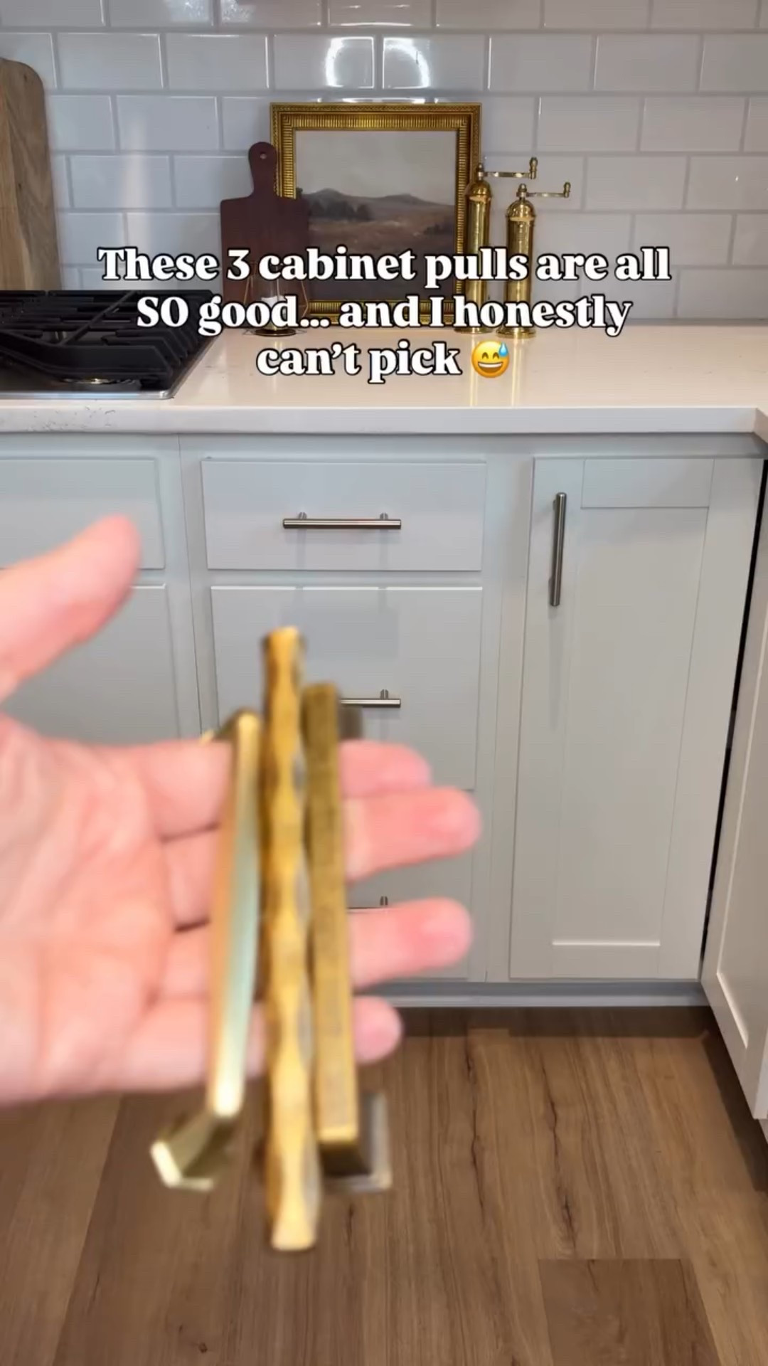 These 3 cabinet pulls are all SO good… and I honestly can’t pick 😅 Which one is your favorite… 1, 2, or 3?

✨ Comment “pull” and I’ll send you the Amazon links!
 #kitchenmakeover #cabinetpulls #kitchenhardware #kitcheninspo #brasshardware #kitchenrefresh #interiorstyling #homedecor