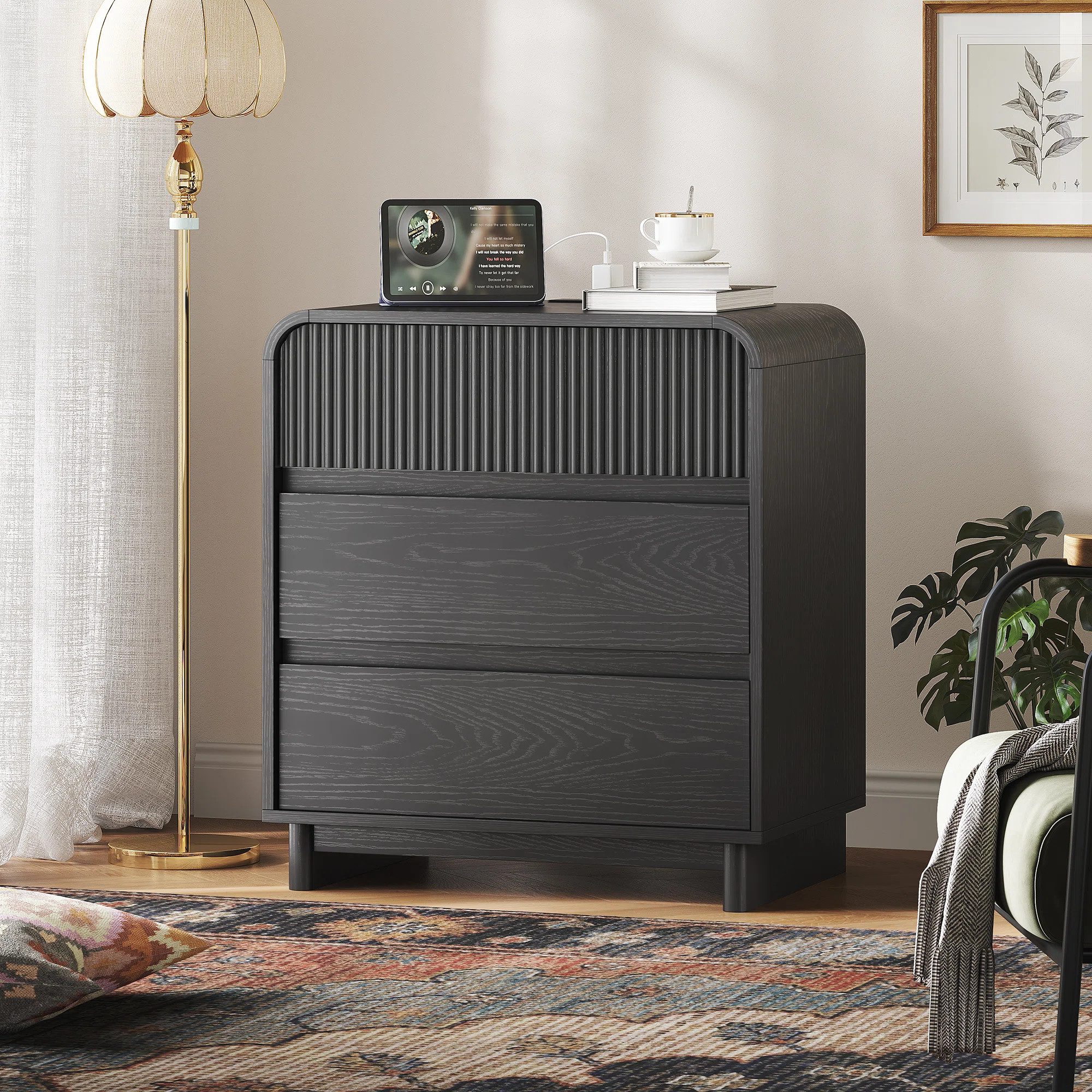 Modern Fluted Nightstand with Charging Station - Large 3-Drawer Night Stand, Curved Bedroom End T... | Wayfair North America