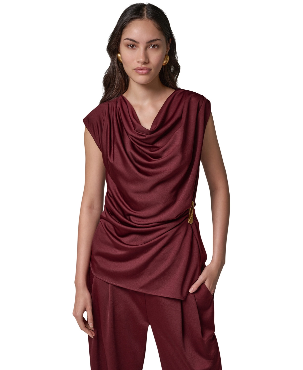 Donna Karan New York Women's Cowl Neck Draped Sleeveless Blouse - Black Cherry | Macy's