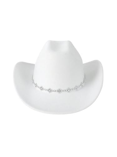 Verdusa Women's Western Cowboy Hat Rhinestone Wide Brim Cowgirl Hat Solid White One-Size | Amazon (US)