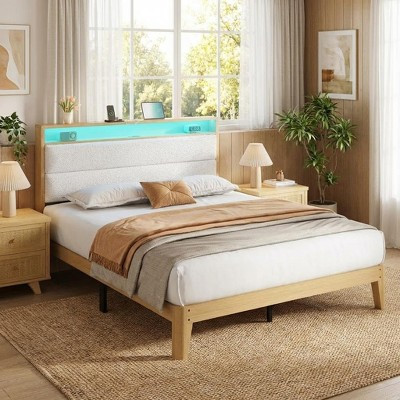 King Size Upholstered Platform Bed Frame with RGB LED Lights, Storage Headboard & Charging Station, Under Bed Storage, No Box Spring Needed, White | Target