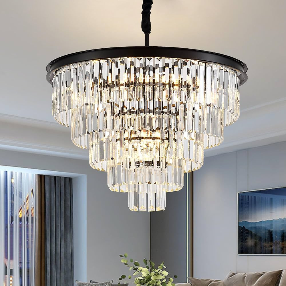 23.23" Black Crystal Chandelier 12-Light Modern Crystal Pendant Ceiling Light Fixture 5-Tier Luxu... | Amazon (US)