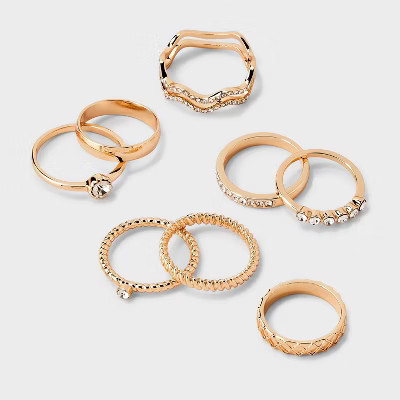 Rhinestone Band Ring Set 8pc - Wild Fable™ Gold: Stacking, Statement Jewelry, Medium/Large, Zin... | Target
