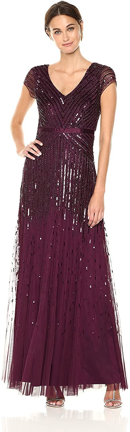 Adrianna Papell Women's Long Beaded V-Neck Dress With Cap Sleeves and Waistband | Amazon (US)
