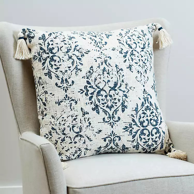 New!Navy Damask Oversized Tassel Pillow | Kirkland's Home