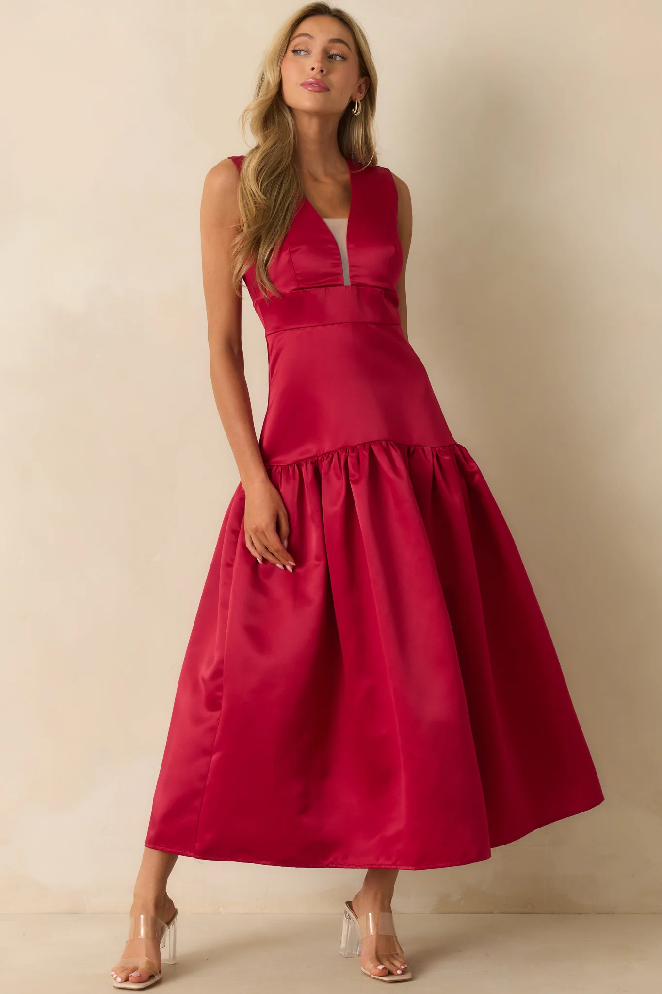 Never Out Of Reach Red Satin Sleeveless Drop Waist Maxi Dress | Red Dress