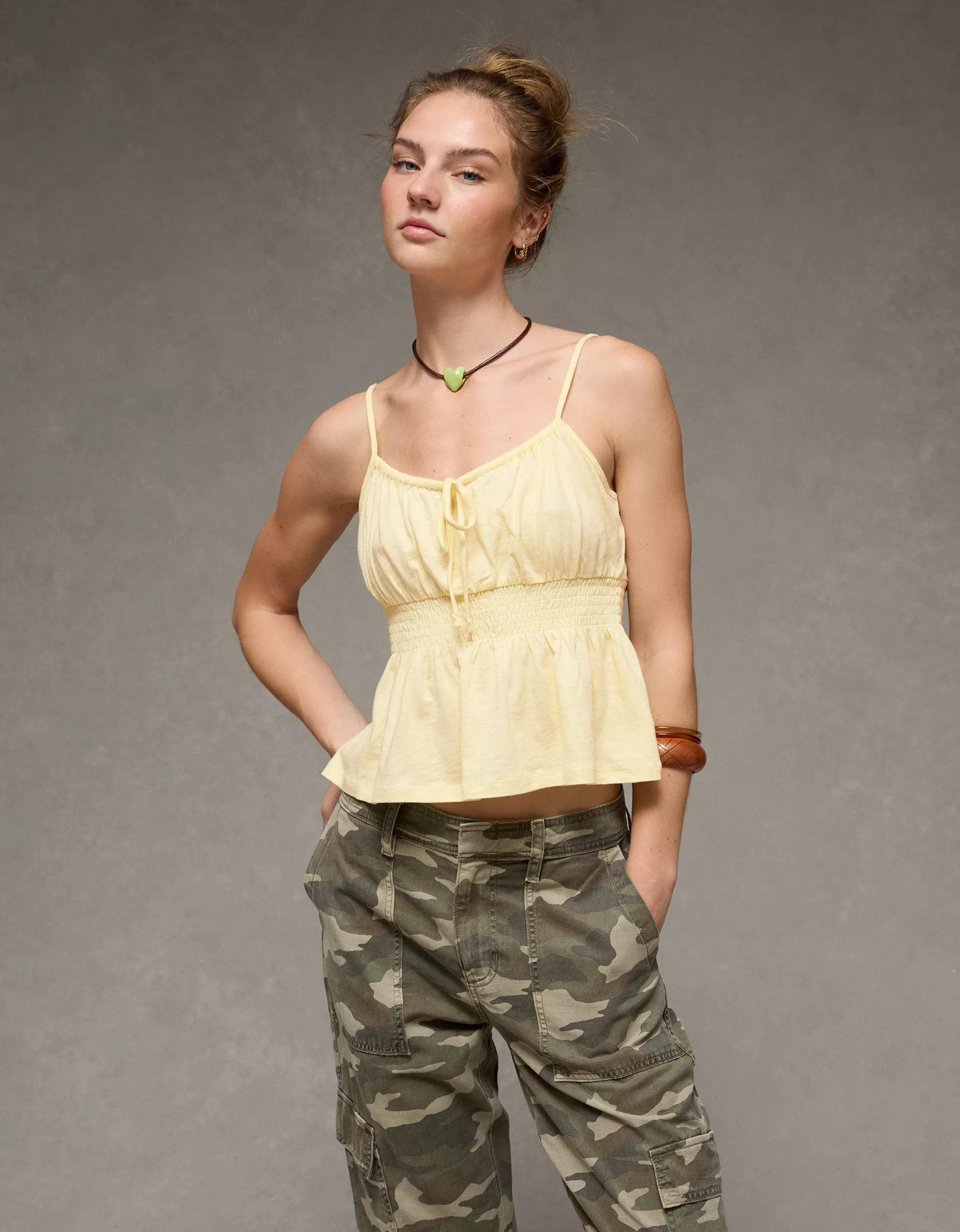 AE Sunchaser Tie-Front Smocked Cami | American Eagle Outfitters (US & CA)