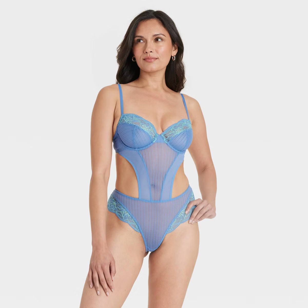 Women's Mesh-Lace Lingerie Bodysuit - Auden™ Blue Twilight/Extra Lime | Target