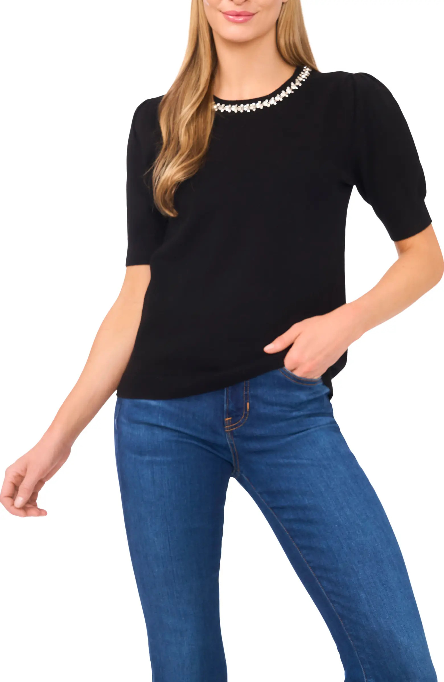 CeCe Embellished Collar Short Sleeve Sweater | Nordstrom | Nordstrom