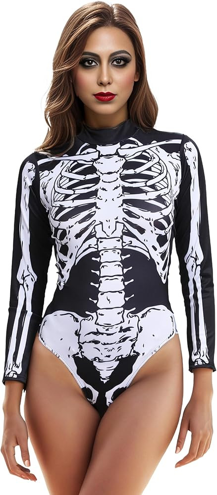 Halloween Skeleton Costume for Women Cozy Long Sleeve Onesie Adult Bodysuit | Amazon (US)
