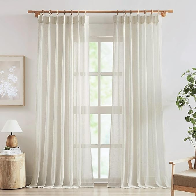 FMFUNCTEX Linen Sheer Pinch Pleated Curtains for Living Room, Linen Flax Beige 108 Inches Long Sh... | Amazon (US)