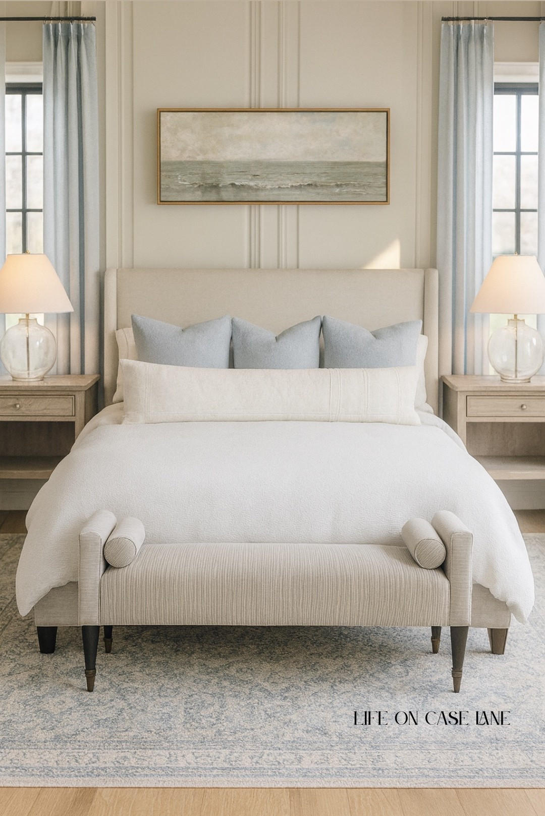 Primary bedroom furniture, master bedroom, guest bedroom, traditional bedroom, transitional bedroom, nightstand, upholstered bed, area rug, bedroom bench, bedroom chandelier, lamp, bedroom lamp, neutral bedroom, curtains, neutral curtains, triple pleat pinch curtains, affordable furniture, good quality furniture, wayfair, Loloi rug, pottery barn lamp, wall art, bedroom set, bedroom bench, blue rug,

#LTKFamily #LTKSaleAlert #LTKHome