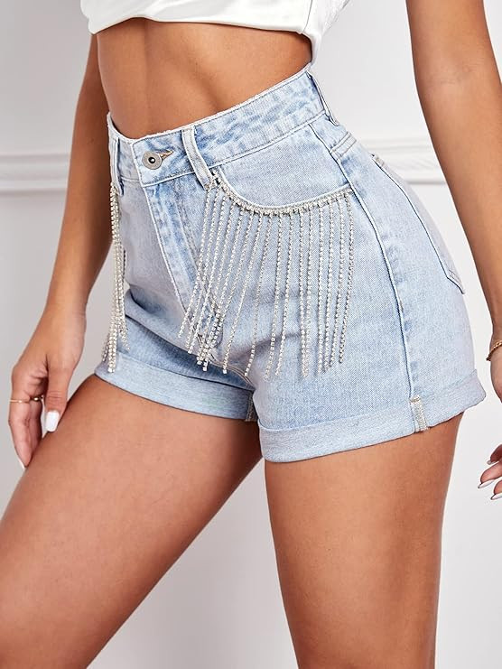 Verdusa Women's High Waisted Rhinestone Fringe Trim Denim Shorts | Amazon (US)
