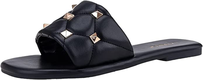 LAMHER Women's Pyramid Studs Quilted Flat Open Toe Slip On Casual Summer Beach Slides Sandal | Amazon (US)
