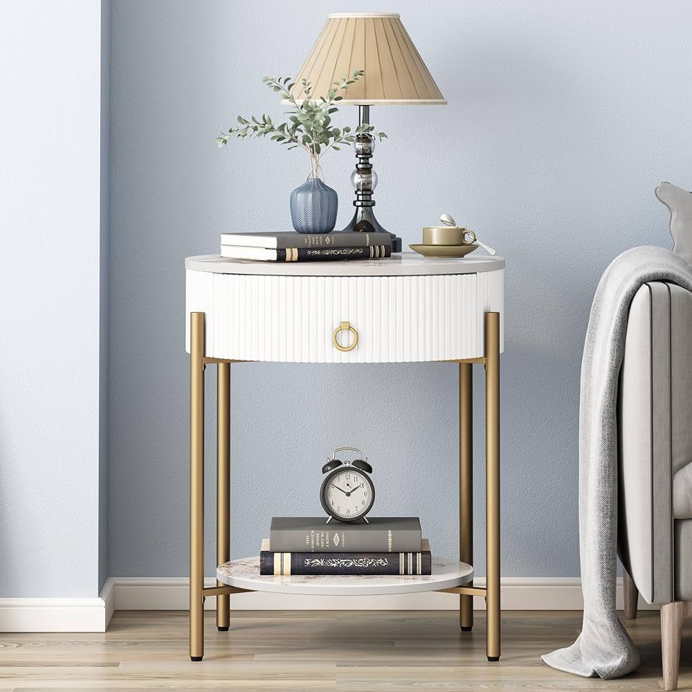 OIOG Modern End Table with Storage Drawer, Round 2-Tier Nightstand with Shelf, Gold Side Table wi... | Amazon (US)