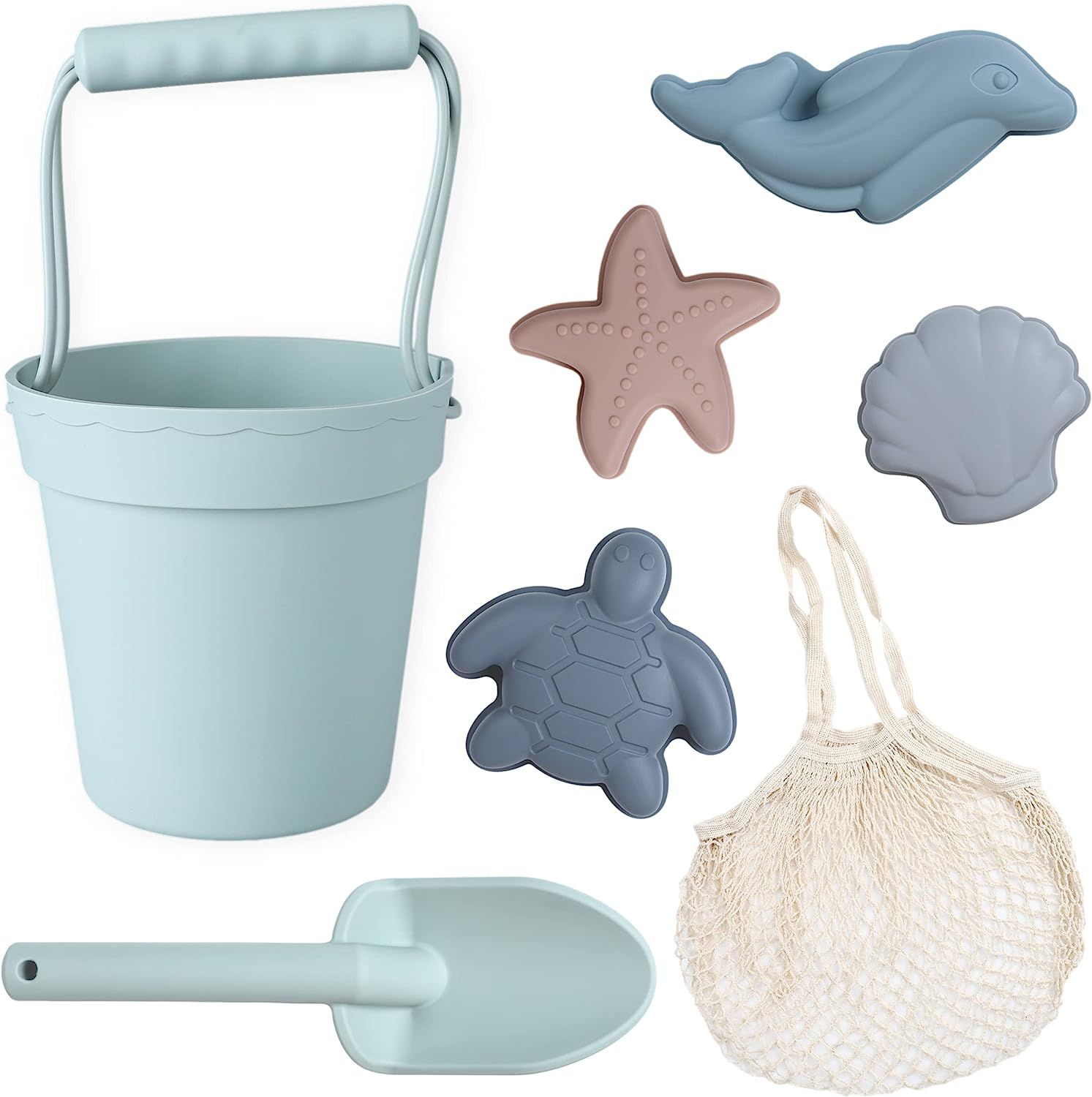 BLUE GINKGO Silicone Beach Toys - Modern Baby | Travel Friendly Set Bucket, Shovel, 4 Sand Molds,... | Amazon (US)