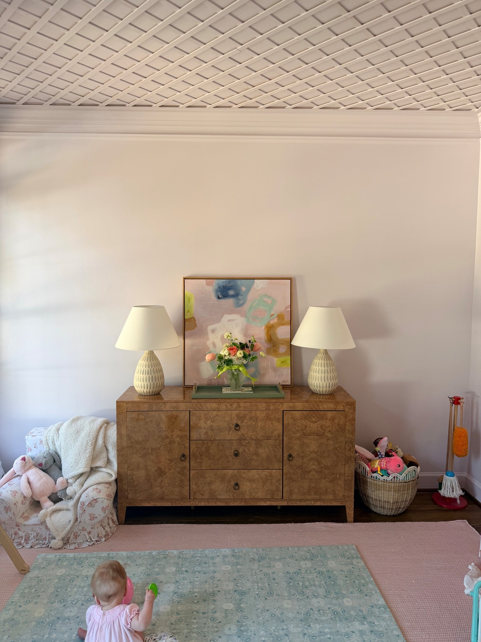 Bespoke on a Budget! Lattice ceiling install breakdown:

Materials: we used 1 1/8 inch wooden slats (I’ve linked the exact ones from
Lowe’s we sourced)

For our room that’s approx 11x13 we used 90 pieces of 8 ft wooden slats

For the cafe curtain storage hack — I used 2 shelves pushed together, 4 cafe curtains and 9.8 ft of track to cover this area! Cafe curtains 26w x 30L in colorway Olivine Small Plaid