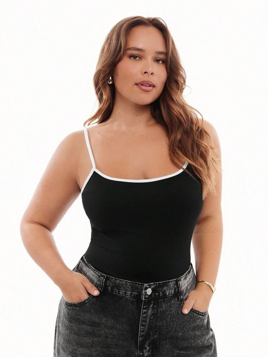 Solavibe Women's Plus Size Casual Minimalist Black & White Contrast Color Camisole Tank Top, Slim... | SHEIN