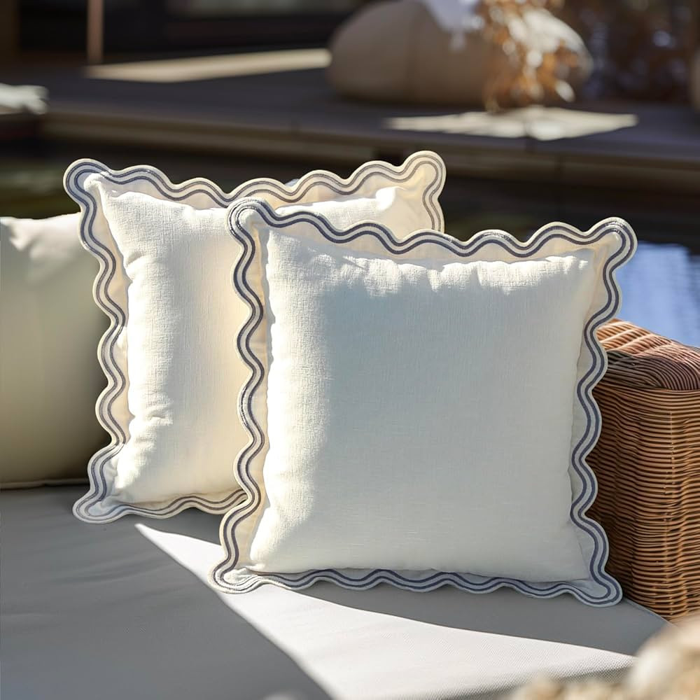 Decorative White Throw Pillow Covers with Scalloped Edging - Set of 2, Double-Sided Embroidered W... | Amazon (US)