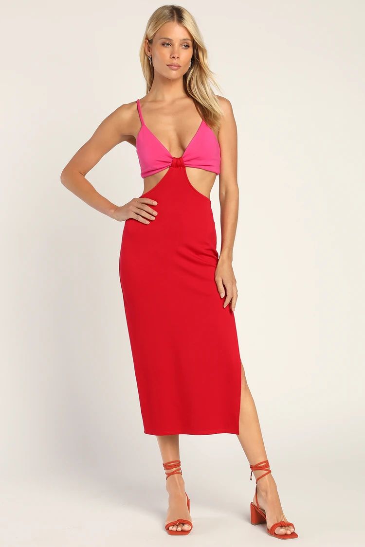 Posh Babe Red and Pink Color Block Cutout Midi Dress | Lulus (US)