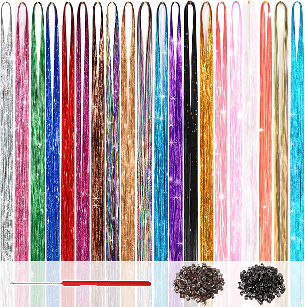 Hair Tinsel Kit (48 Inch, 20 Colors, 6000 Strands), Glitter Tinsel Hair Extensions with Tools - F... | Amazon (US)