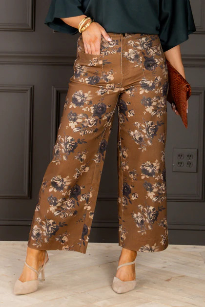 Come Over Caramel Floral Print Wide Leg Pant | The Willow Tree