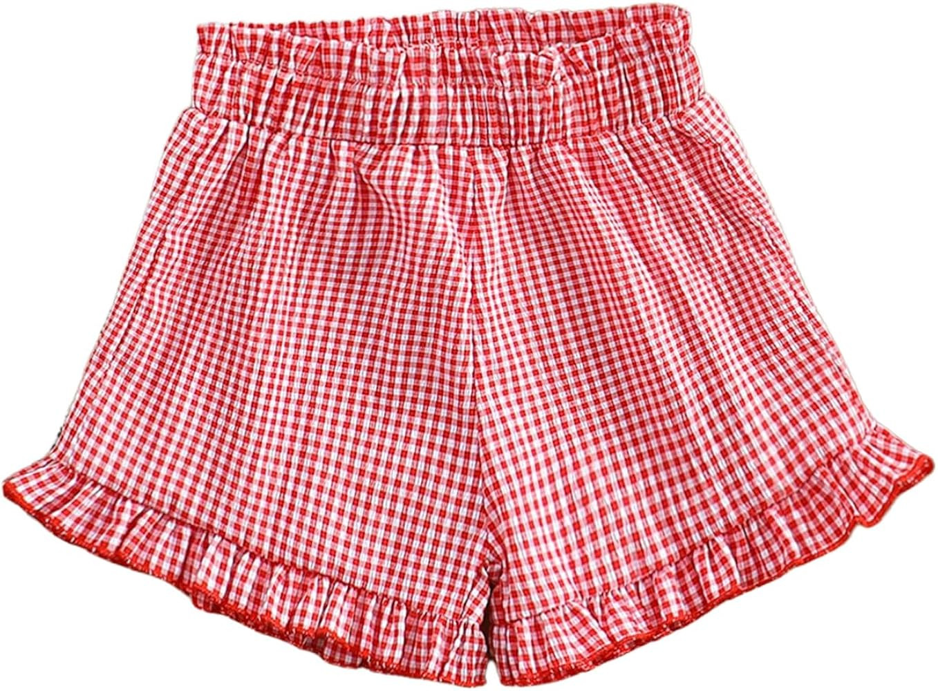 RoseSeek Girl's Gingham Shorts Elastic Waist Wide Leg Ruffle Hem Loose Casual Summer Plaid Shorts | Amazon (US)