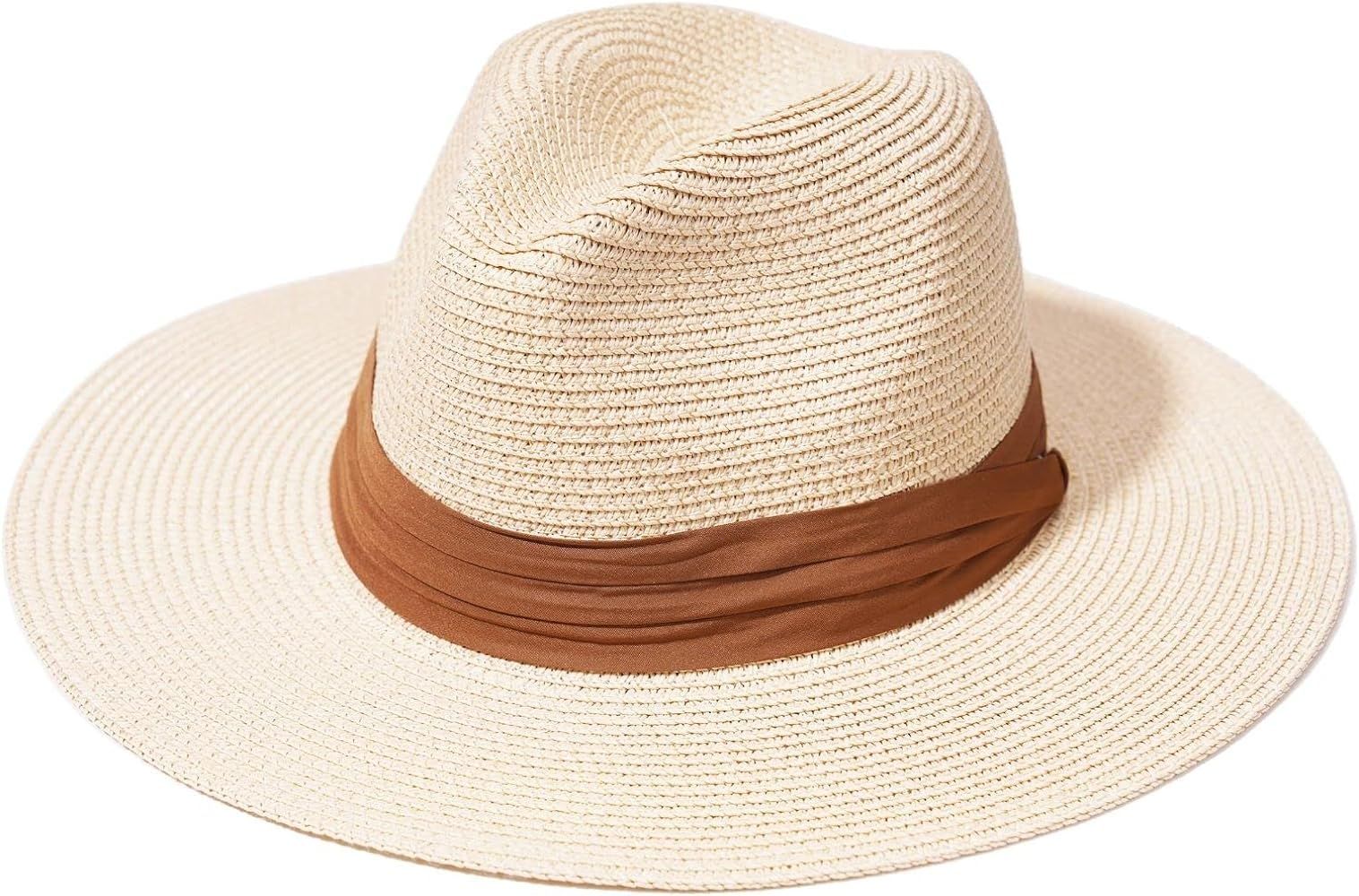 accsa Panama Straw Hat for Women Wide Brim Summer Sun Hat Ladies Straw Hat for Beach UPF 50+ | Amazon (US)