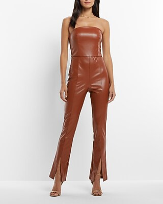 Faux Leather Strapless Split Hem Straight Leg Jumpsuit | Express