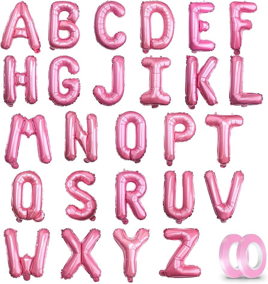 16'' A-Z 26 Letter Solid Pink Foil Mylar Letter Balloons with 2 Rolls Ribbon Mega Pack, Aluminum ... | Amazon (US)