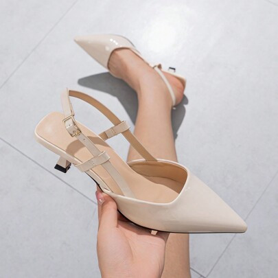 Sapatos de salto baixo para mulher com bico fino de cor sólida em nude e fecho no tornozelo. Elegantes e confortáveis para uso diário, caminhadas ao a | SHEIN