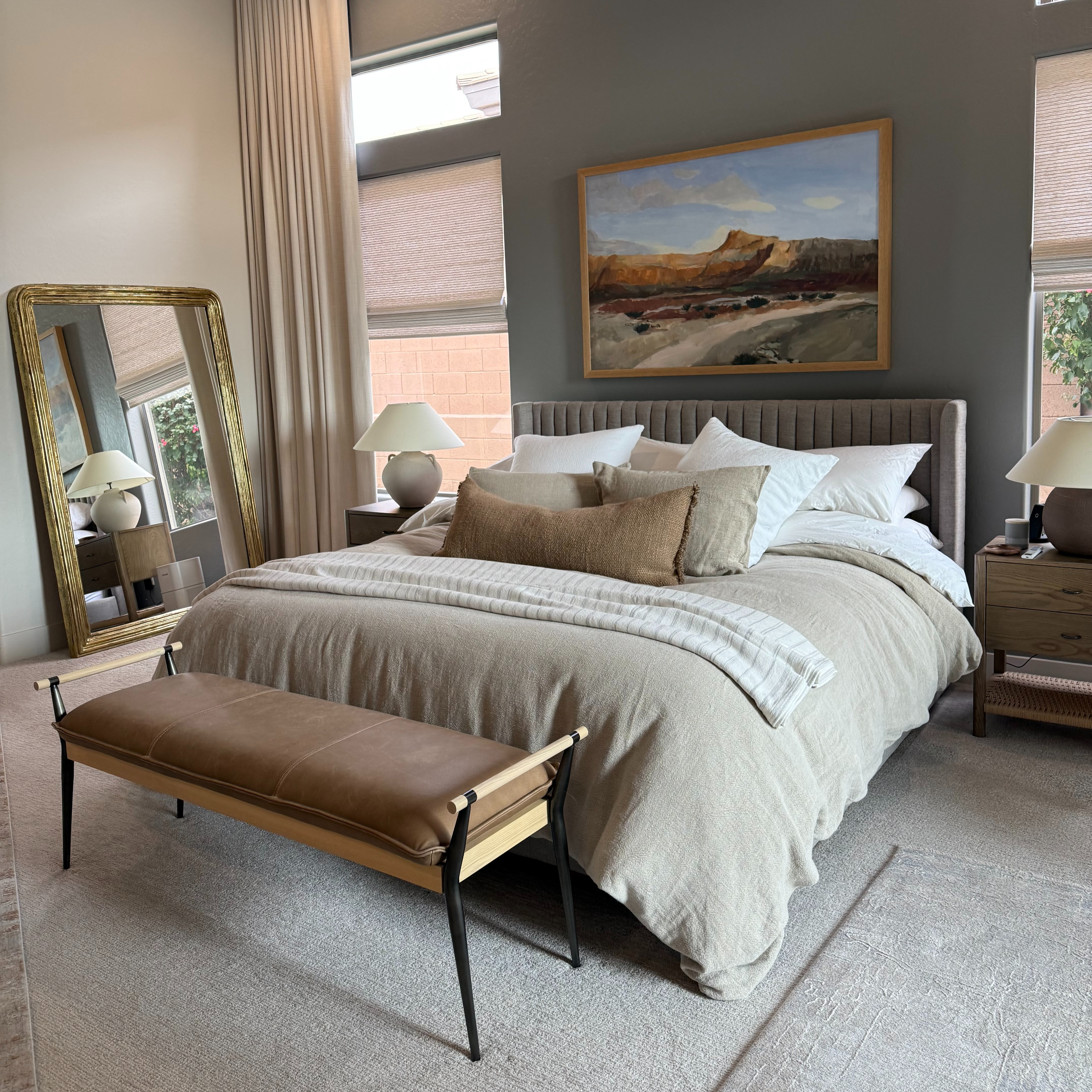 Step into a world of pure elegance with this stunning primary bedroom retreat. Every detail has been thoughtfully curated to create a soothing, luxurious atmosphere — from the plush upholstered bed frame to the layered, neutral-toned linens that invite you to unwind. Rich textures like leather, linen, and soft performance fabrics blend together seamlessly, while a muted palette of taupe, ivory, and soft grays adds a sense of timeless sophistication. 

 #LTKHome #LTKSaleAlert #LTKStyleTip