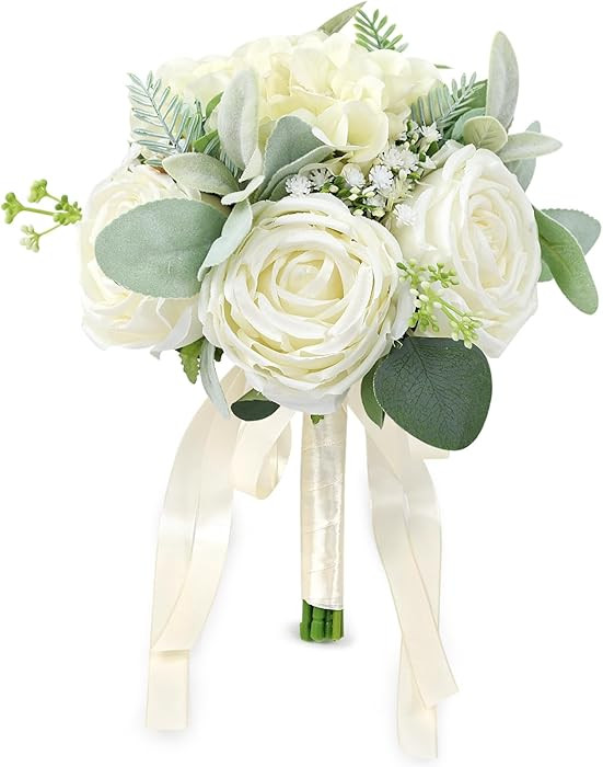 Wedding Bouquets for Bride Bridesmaid 8.5 Inch Ivory White Artificial Roses Flowers Bridal Bouque... | Amazon (US)