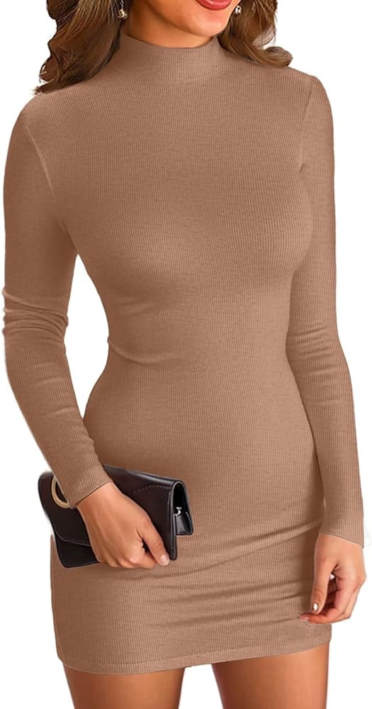 VICHYIE Women Mock Neck Ribbed Bodycon Dress Long Sleeve Mini Pencil Dresses | Amazon (US)